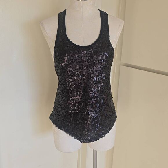 Aqua Black Matte Sequin Mesh Lined Racerback Hi-Lo Tank, Pre-owned, XS - Picture 1 of 7